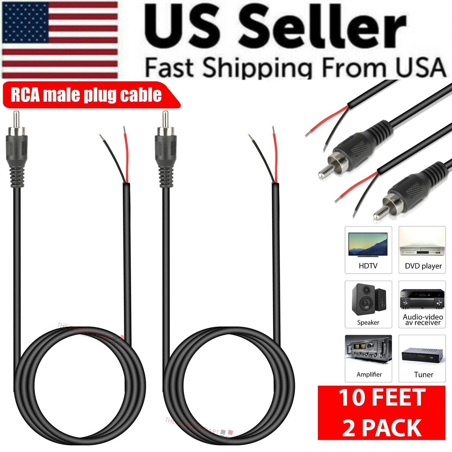 Home Cinema Speaker System - 2-Pack 10ft RCA Male Plug To