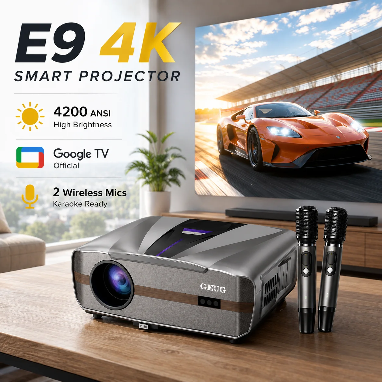 New E9 4KUHD Projector Smart 4 - Home Cinema Karaoke Projector review and price